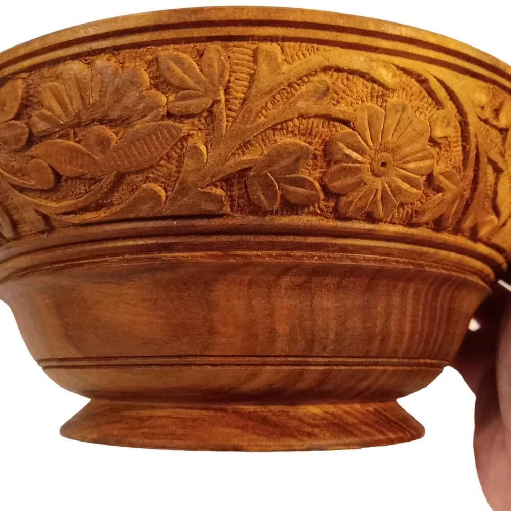 Wood Hand Carved Decorative Flowers Round Bowl Boho Made in India Vtg 8.25